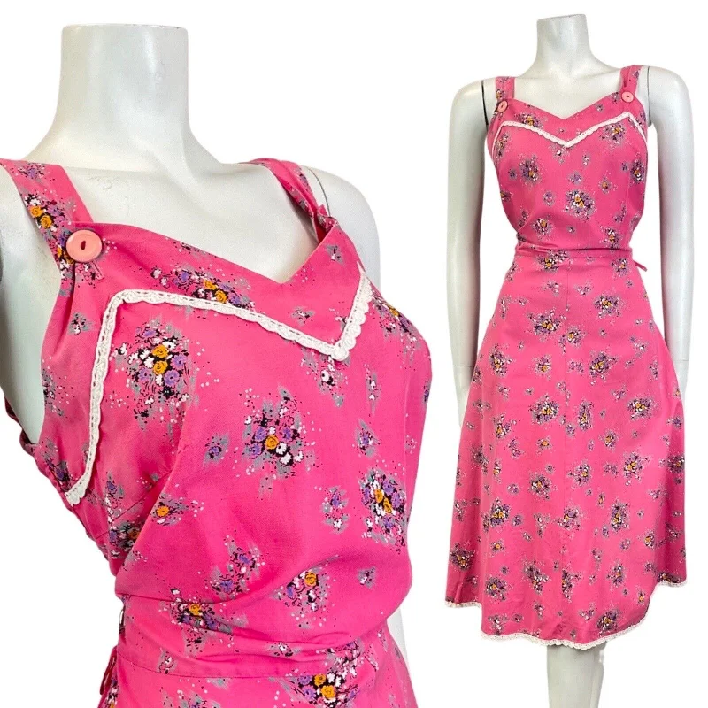 Great Bargains VINTAGE 70s PINK WHITE BLACK FLORAL BOUQUET LACE DITSY SUMMER SUN-DRESS 12 14