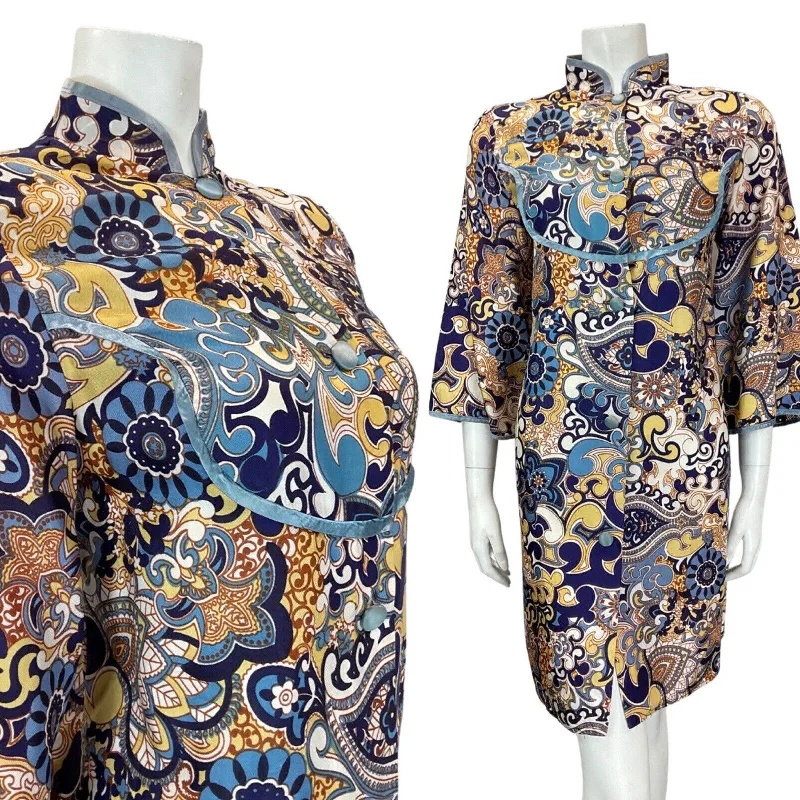 Big Savings VINTAGE 60s 70s BLUE CREAM PSYCHEDELIC MANDALA MANDARIN HOUSE COAT DRESS 14 Big Savings VINTAGE 60s 70s BLUE CREAM PSYCHEDELIC MANDALA MANDARIN HOUSE COAT DRESS 14
