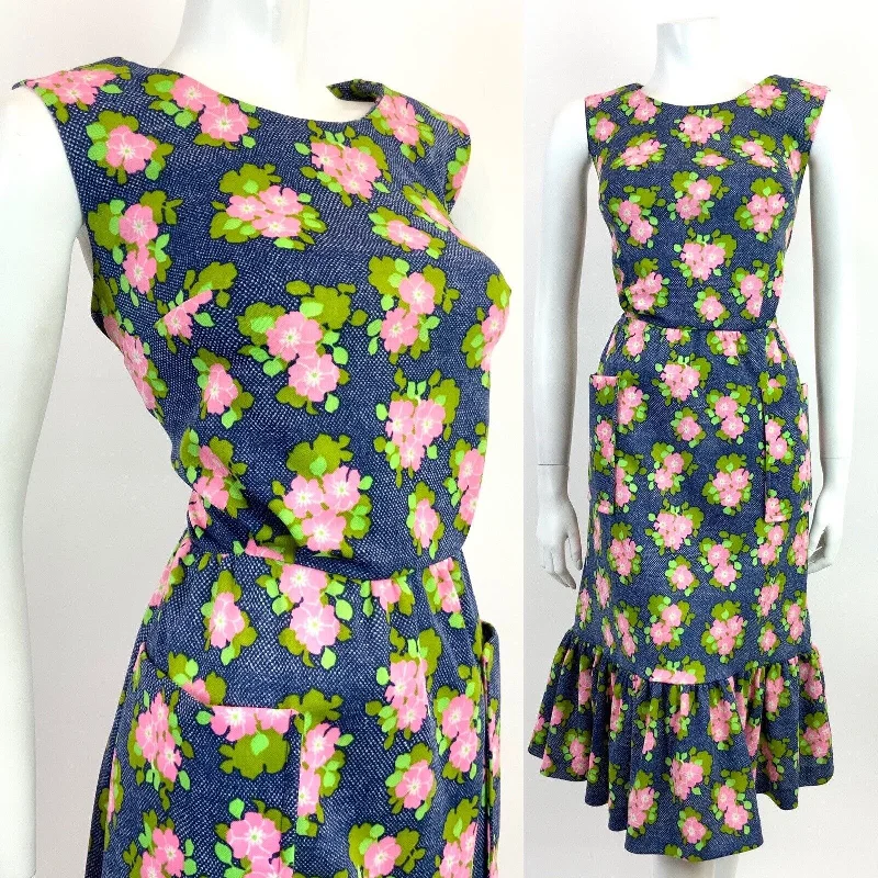 Get It Before It’s Gone VINTAGE 60s 70s BLUE WHITE PINK CHECKERBOARD FLORAL SLEEVELESS RUFFLED DRESS 16