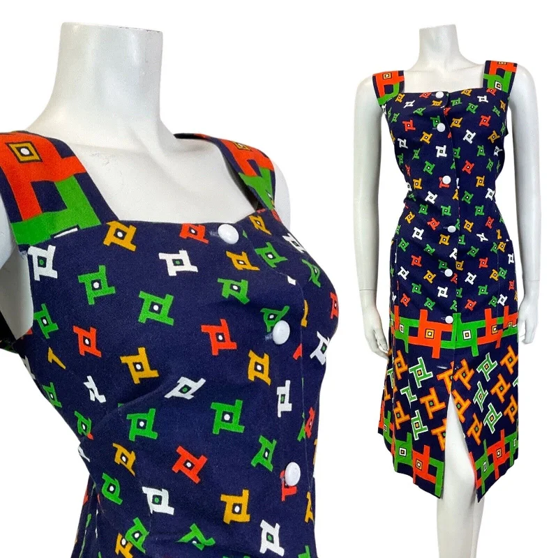 Buy Now VINTAGE 60s 70s BLUE RED GREEN GEOMETRIC MOD SLEEVELESS DRESS 14