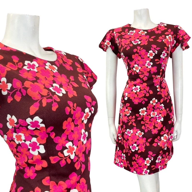 Extra Savings VINTAGE 60s 70s PINK BROWN PURPLE FLORAL BLOSSOM CAPE SLEEVE MOD SHORT DRESS 14 Extra Savings VINTAGE 60s 70s PINK BROWN PURPLE FLORAL BLOSSOM CAPE SLEEVE MOD SHORT DRESS 14