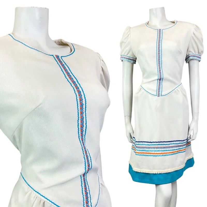 Limited Availability VTG 60s 70s WHITE BLUE ORANGE RIC-RAC EMBROIDERED MOD PUFF SLEEVE DRESS 12 14 Limited Availability VTG 60s 70s WHITE BLUE ORANGE RIC-RAC EMBROIDERED MOD PUFF SLEEVE DRESS 12 14