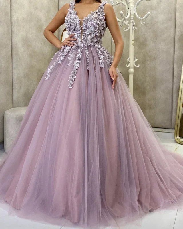 Super Deal Tulle Prom Dresses Ball Gown V Neck 3D Floral Lace Flowers