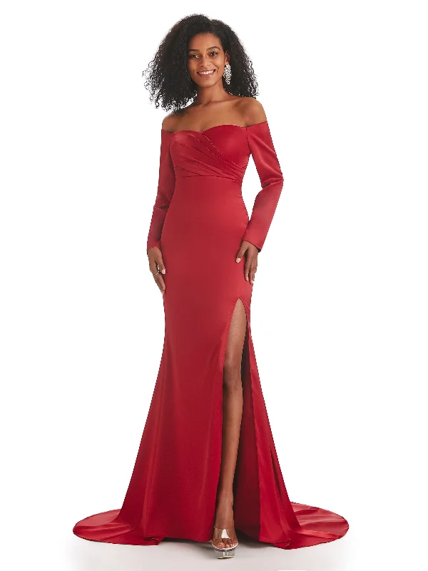 Clearance Sale Sexy Mermaid Side Slit Off The Shoulder Long Sleeve Soft Satin Long Bridesmaid Dresses