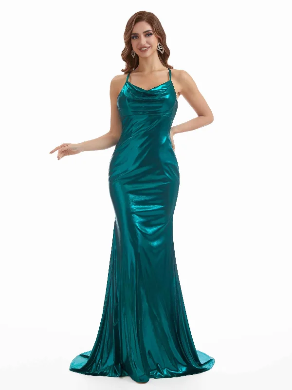Price Blitz Sexy Mermaid Cowl Women Formal Liquid Metallic Maxi Dresses Online