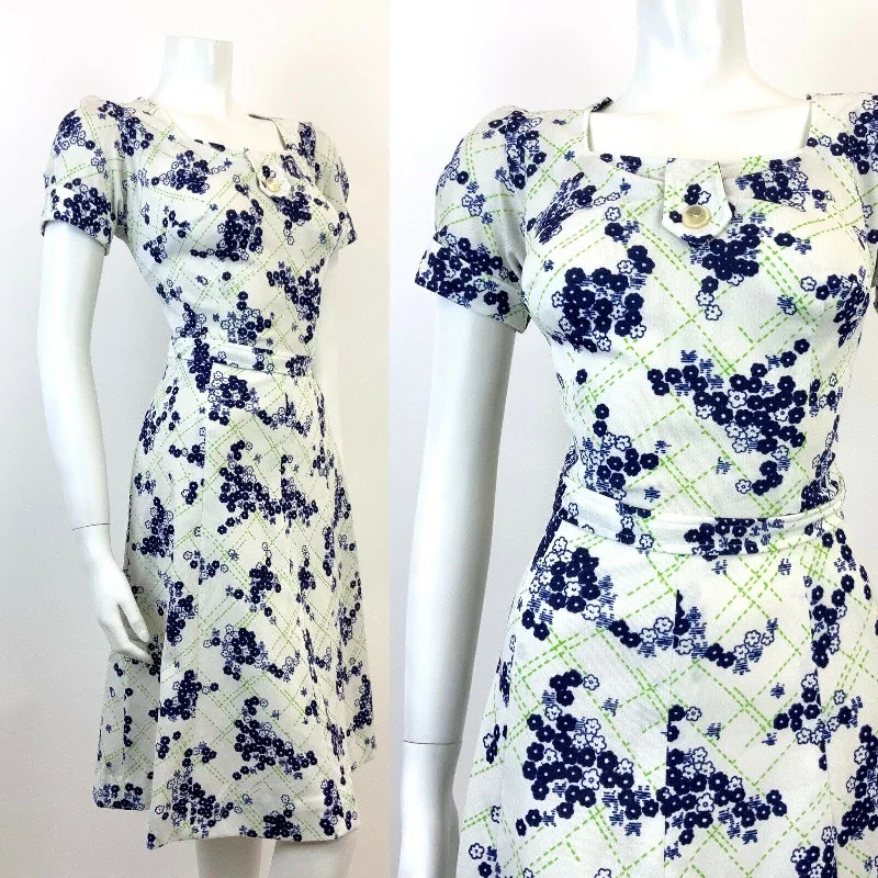 Low Prices VINTAGE 60s 70s WHITE GREEN BLUE CHECKED FLORAL DITSY PUFF SLEEVE DRESS 12 14