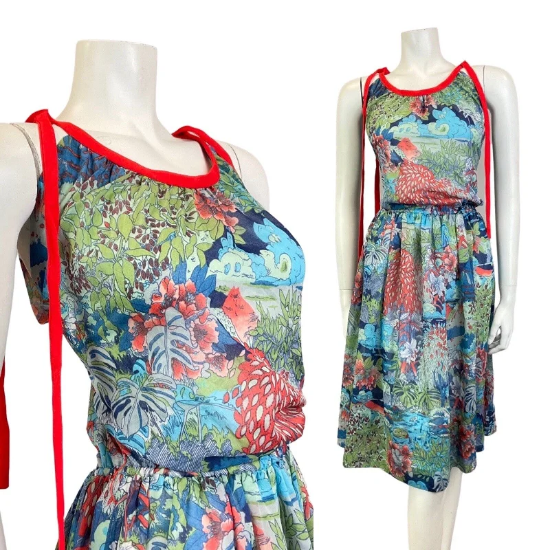 Blowout Deals VINTAGE 60s 70s BLUE GREEN RED PALM LEAF FLORAL HAWAIIAN BLOUSON SUMMER DRESS 12 Blowout Deals VINTAGE 60s 70s BLUE GREEN RED PALM LEAF FLORAL HAWAIIAN BLOUSON SUMMER DRESS 12