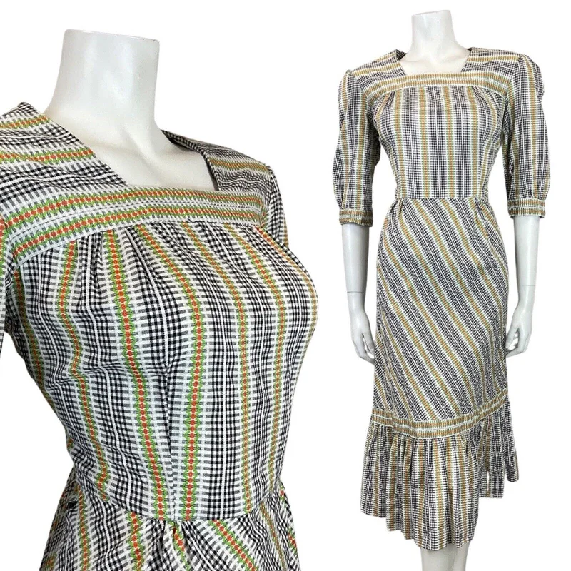Markdowns VINTAGE 70s WHITE BLACK GREEN GINGHAM CHECKED PRAIRIE BOHO MIDI DRESS 10 12 Markdowns VINTAGE 70s WHITE BLACK GREEN GINGHAM CHECKED PRAIRIE BOHO MIDI DRESS 10 12