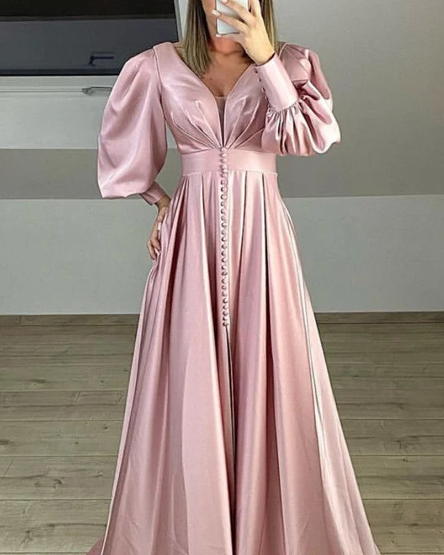 Online Exclusive Long Sleeves Satin V Neck Dresses