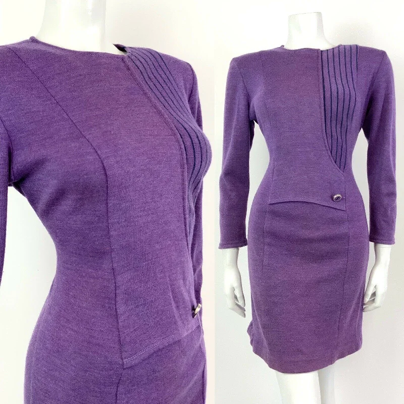 Bargain Bin VINTAGE 60s 70s PURPLE BLUE STRIPED WRAP LONG-SLEEVE BODYCON MOD DRESS 12 14 Bargain Bin VINTAGE 60s 70s PURPLE BLUE STRIPED WRAP LONG-SLEEVE BODYCON MOD DRESS 12 14