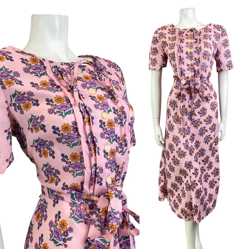 Act Now VINTAGE 60s 70s PINK PURPLE FLORAL BOUQUET BELTED SUMMER MIDI DRESS 12 14