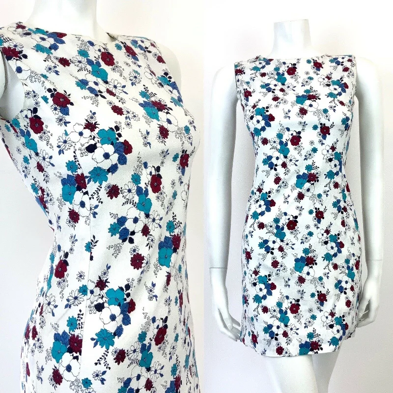 Crazy Deals VINTAGE 60s 70s WHITE WINE RED BLUE FLORAL BOHO MOD SLEEVELESS MINI DRESS 8