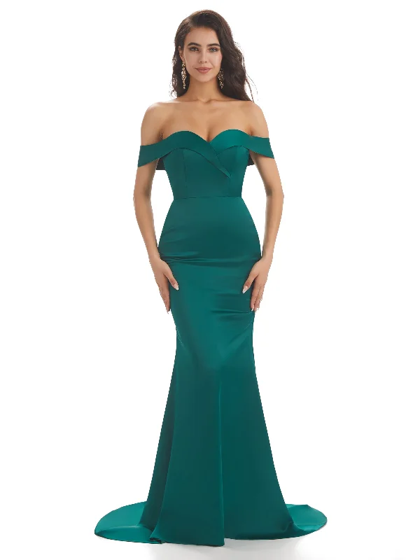 Extra Savings Simple Off The Shoulder Soft Satin Long Mermaid Bridesmaid Dresses Online
