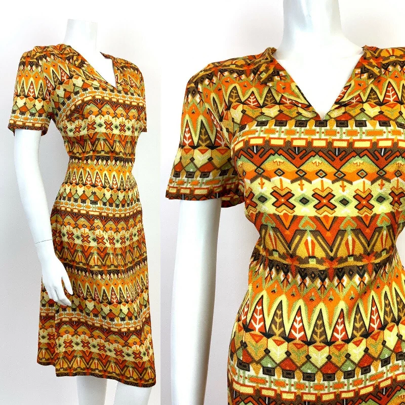 Daily Deals VTG 60s 70s YELLOW ORANGE GREEN BLACK GEOMETRIC AZTEC PSYCHEDELIC DRESS 12 14
