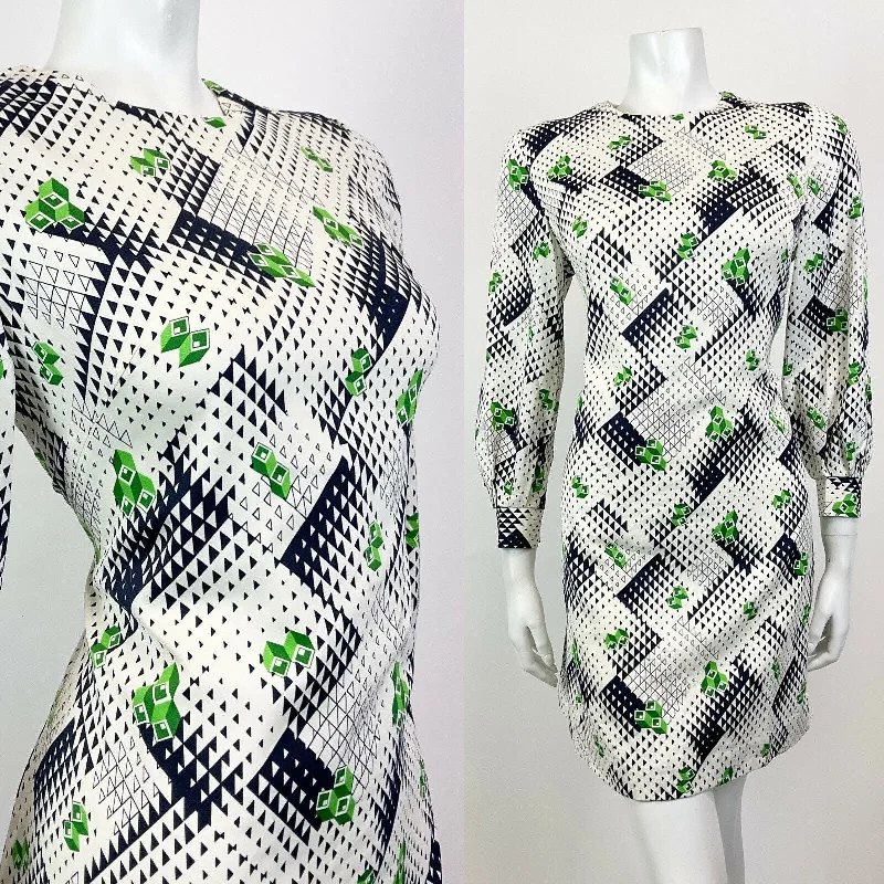 Limited Stock VINTAGE 60s 70s WHITE BLUE GREEN GEOMETRIC OP-ART MOD A-LINE SHORT DRESS 10 12 Limited Stock VINTAGE 60s 70s WHITE BLUE GREEN GEOMETRIC OP-ART MOD A-LINE SHORT DRESS 10 12
