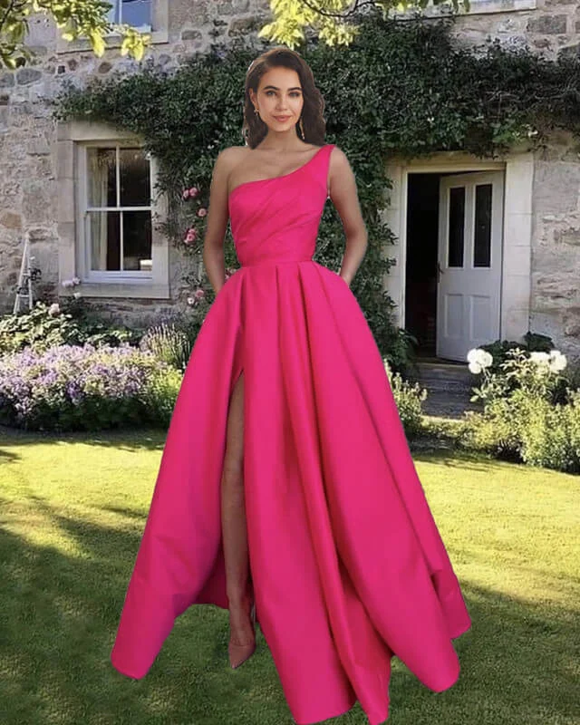 Stock Clearance Long One Shoulder Split Dress With Pockets
