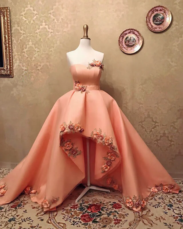 Must-Have Deals Peach Sweetheart High Low Dress With 3D Flowers