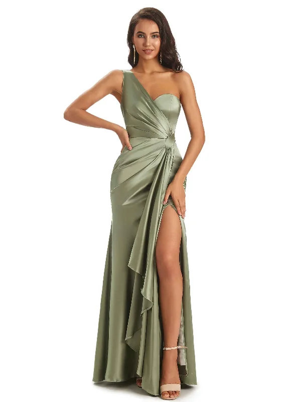 Take Advantage Elegant Soft Satin Side Slit One Shoulder Unique Mermaid Bridesmaid Dresses Online Take Advantage Elegant Soft Satin Side Slit One Shoulder Unique Mermaid Bridesmaid Dresses Online