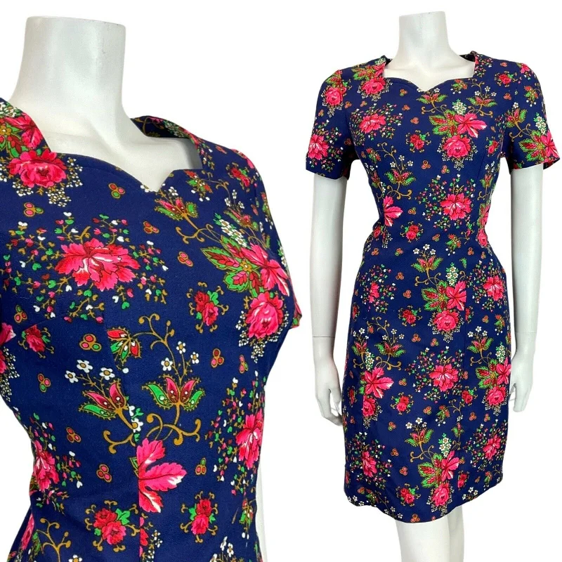 Savings Alert VINTAGE 60s 70s BLUE PINK GOLD GREEN FLORAL BOUQUET SWEETHEART SHORT DRESS 10 Savings Alert VINTAGE 60s 70s BLUE PINK GOLD GREEN FLORAL BOUQUET SWEETHEART SHORT DRESS 10