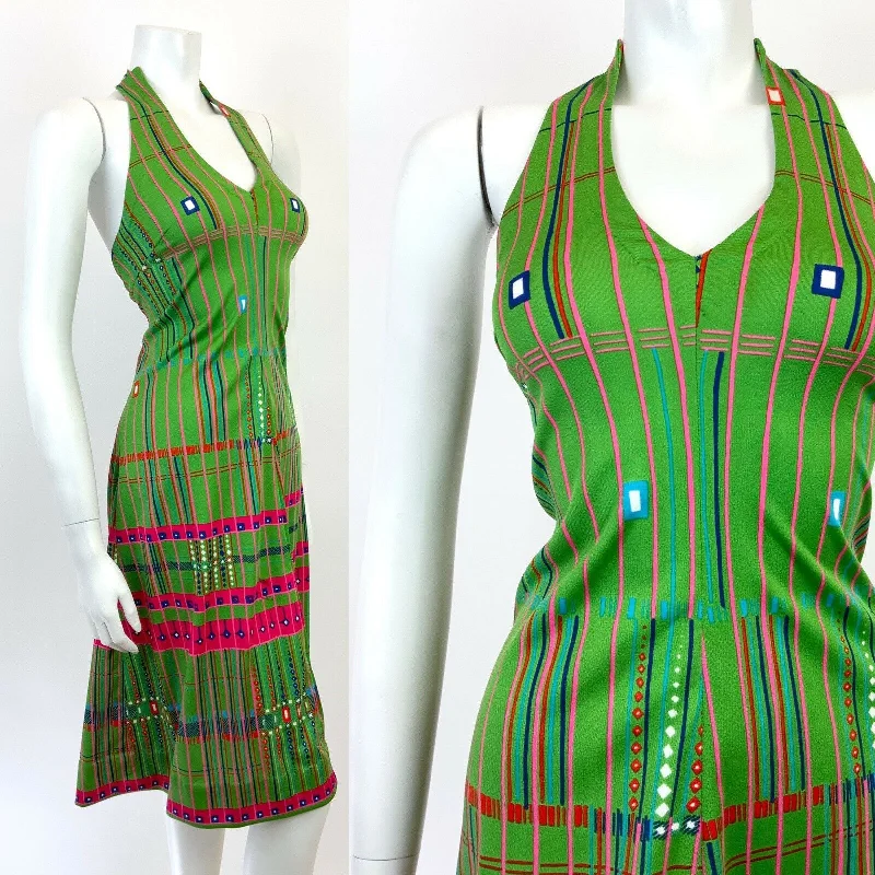 Fantastic Offers VINTAGE 60s 70s GREEN BLUE PINK GEOMETRIC STRIPED HALTER DRESS 10
