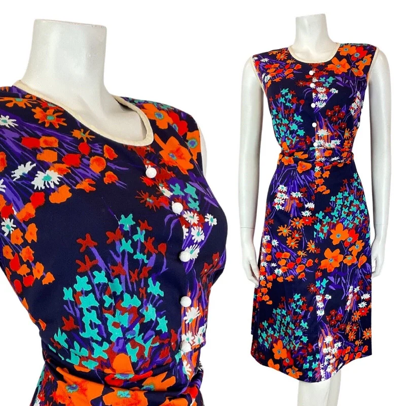 Hurry In VINTAGE 60s 70s PURPLE ORANGE TEAL FLORAL MOD SLEEVELESS DRESS 12 14