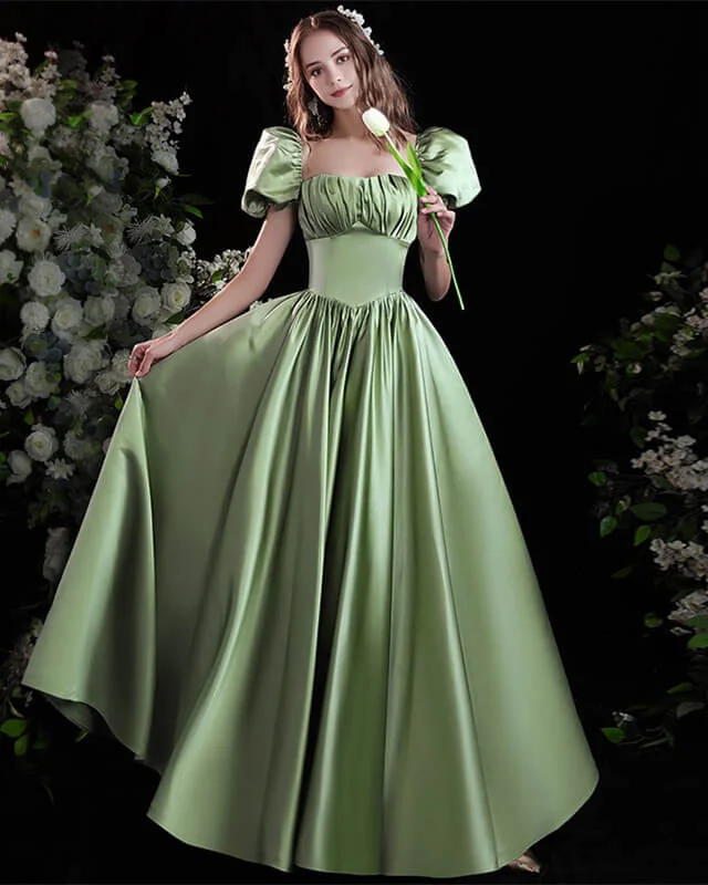 Today’s Deal Light Green Satin Formal Dress With Sleeves