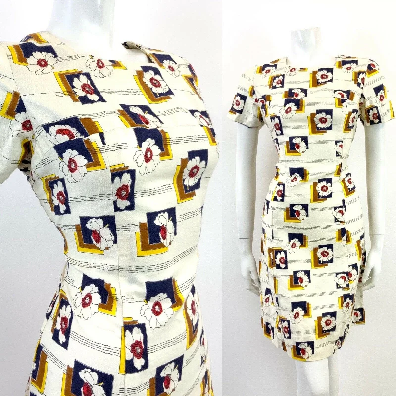 Price Cut VTG 60s 70s CREAM BLUE RED YELLOW STRIPED GEOMETRIC FLORAL MOD MINI DRESS 10 12