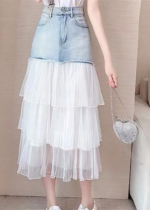 Mega Sale Chic Blue High Waist Tulle Patchwork Denim A Line Skirt TY1083