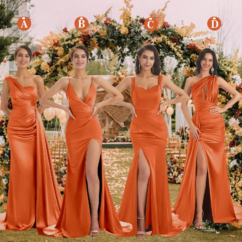 Online Only Mismatched Papaya Sexy Side Slit Mermaid Soft Satin Long Bridesmaid Dresses Online Online Only Mismatched Papaya Sexy Side Slit Mermaid Soft Satin Long Bridesmaid Dresses Online