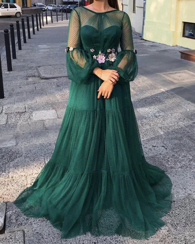 Final Clearance Sheer Long Sleeves Tulle Formal Dresses With 3D Flowers