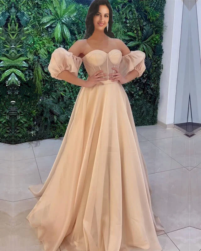 Value Deals Champagne Tulle Puffy Sleeve Corset Dress