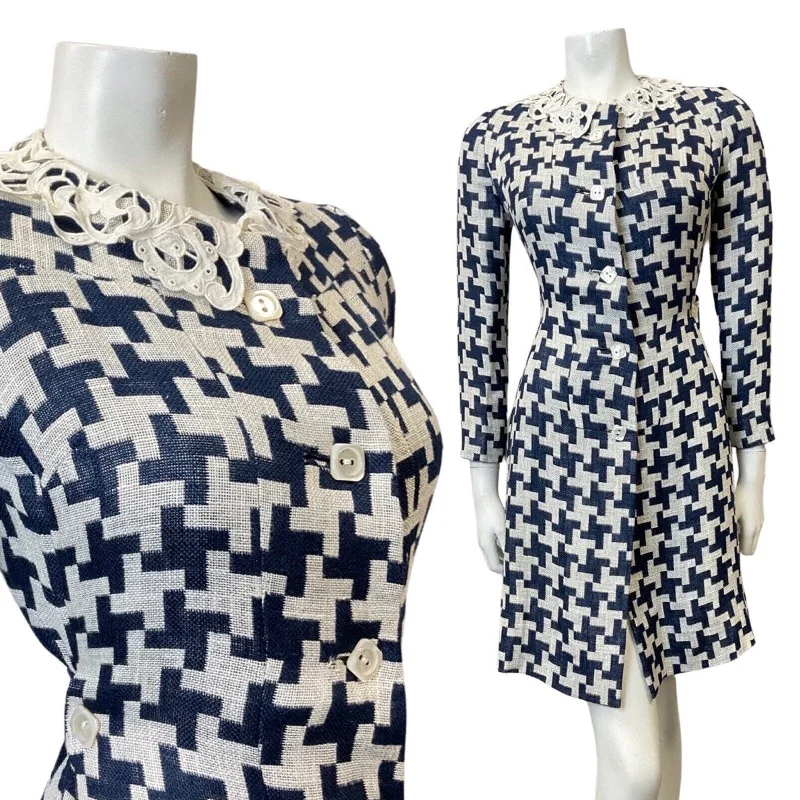 Price Meltdown VINTAGE 70s 90s BLUE WHITE GEOMETRIC TILED LACE MOD DRESS COAT 12