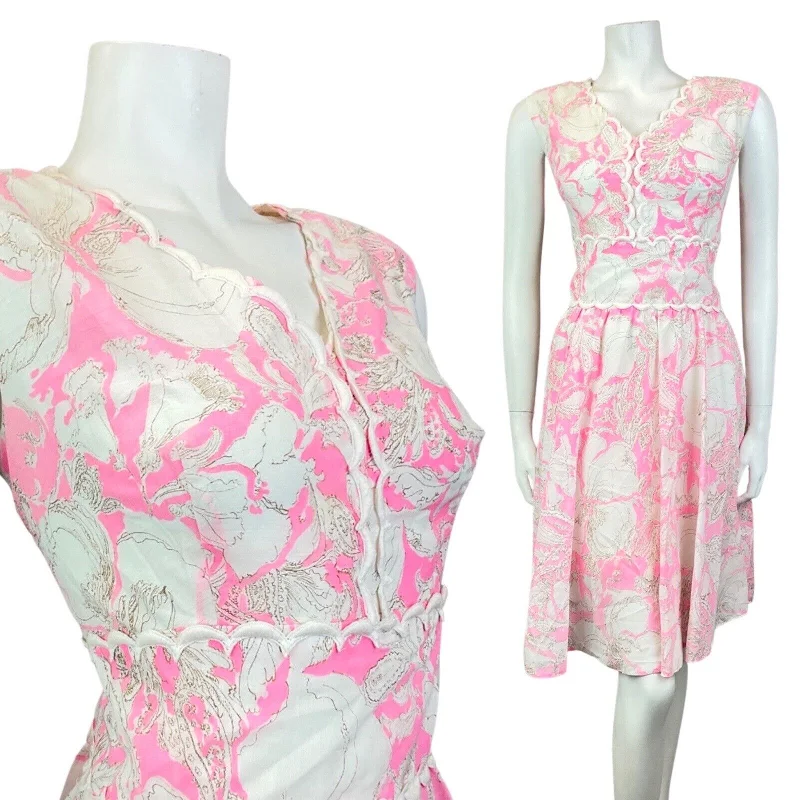 Bargain Bin VINTAGE 60s 70s BRIGHT PINK WHITE FLORAL SCALLOPED SLEEVELESS DRESS 12 14 Bargain Bin VINTAGE 60s 70s BRIGHT PINK WHITE FLORAL SCALLOPED SLEEVELESS DRESS 12 14