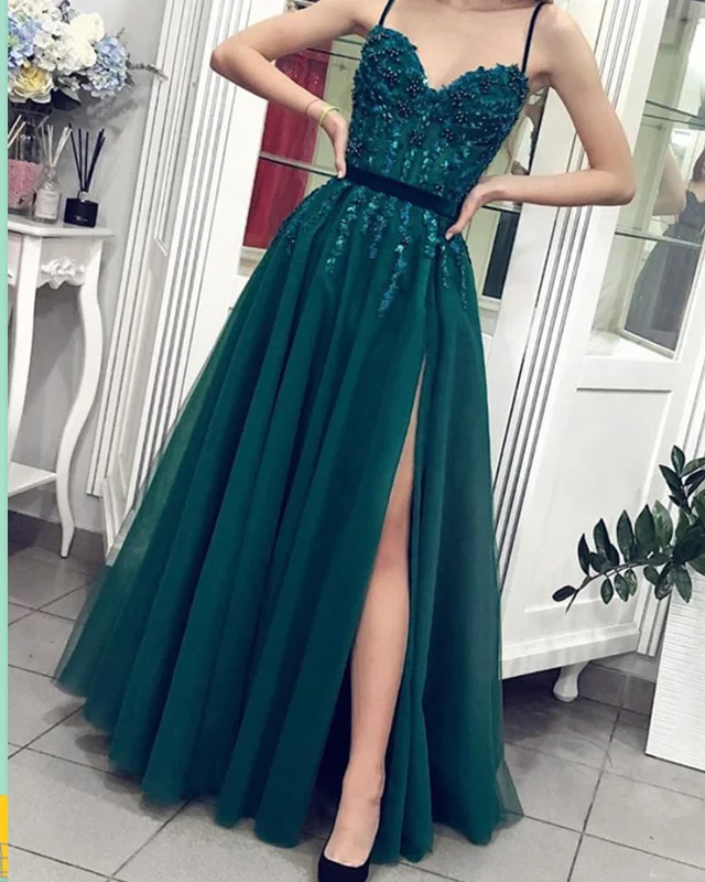 Massive Deals Tulle Split Prom Dresses Sweetheart Spaghetti Straps Lace Beaded