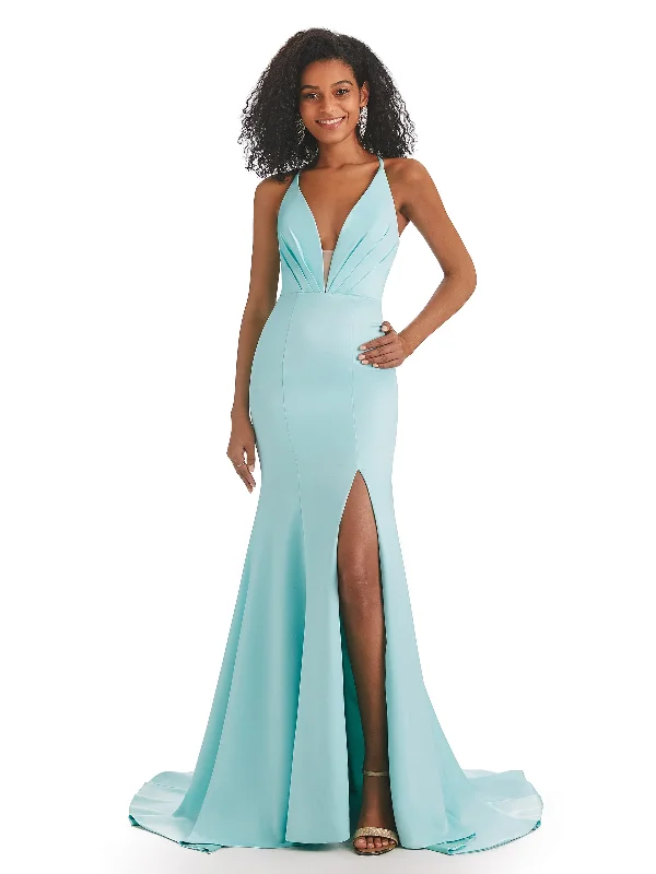 Today’s Special Sexy V-neck Mermaid Side Slit Backless Soft Satin Long African Bridesmaid Dresses