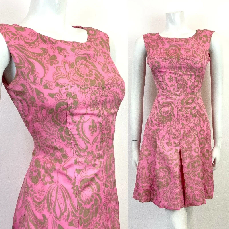 Value Deals VINTAGE 60s 70s NEON PINK GREY FLORAL BAROQUE PSYCHEDELIC MOD MINI DRESS 8