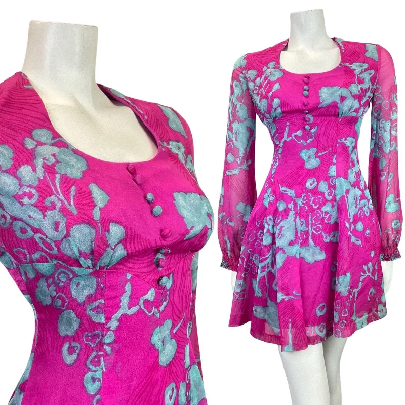 Best Deals VINTAGE 60s 70s PINK BLUE FLORAL MOD SHEER SWING SHORT DRESS 8 10