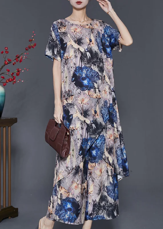 Can't Be Beat Boho Grey Asymmetrical Print Chiffon 2 Piece Outfit Summer SD1013