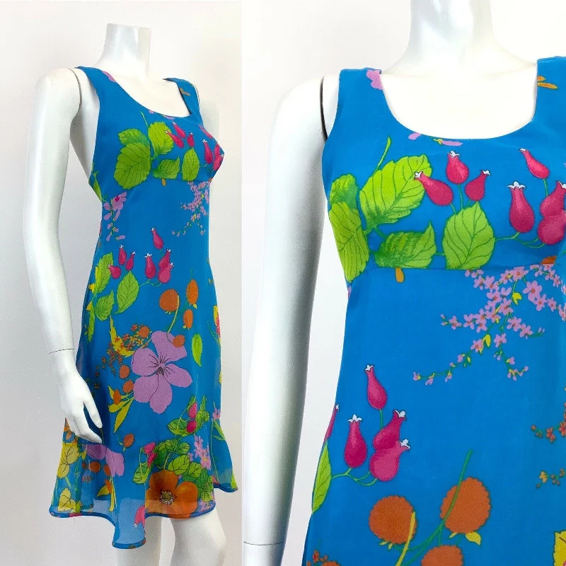 Best Seller VINTAGE 60s 70s BLUE PINK GREEN FLORAL BERRY EMPIRE FLOATY SLEEVELESS DRESS 10
