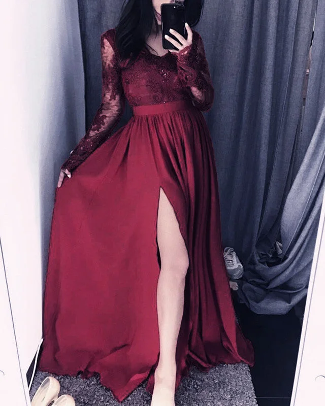 Huge Discounts Elegant Lace Long Sleeves V Neck Split Satin Dress