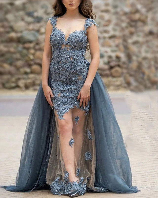 Warehouse Sale Mermaid Prom Dresses Lace Appliques Removable Train