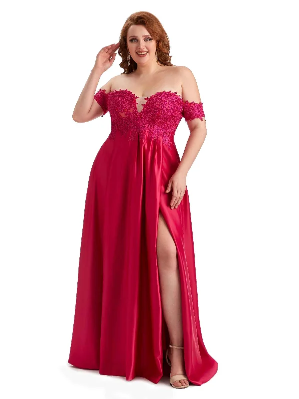 Exclusive Savings Plus Size Elegant Off The Shoulder Side Slit Lace Soft Satin Long Bridesmaid Dresses Online Exclusive Savings Plus Size Elegant Off The Shoulder Side Slit Lace Soft Satin Long Bridesmaid Dresses Online