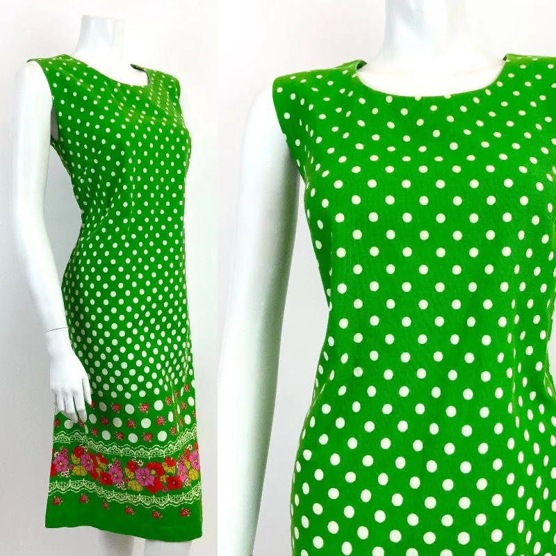 Act Now VTG 60s 70s GREEN WHITE PINK POLKA-DOT FLORAL LACE BOHO FOLK A-LINE DRESS 10 12