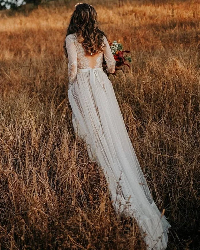 Bargain Prices Long Sleeves Boho Wedding Dresses Lace Backless