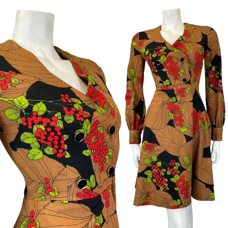 Best Seller VINTAGE 60s 70s BROWN BLACK RED LEAFY BERRY MOD FIT & FLARE SHORT DRESS 6 8 Best Seller VINTAGE 60s 70s BROWN BLACK RED LEAFY BERRY MOD FIT & FLARE SHORT DRESS 6 8