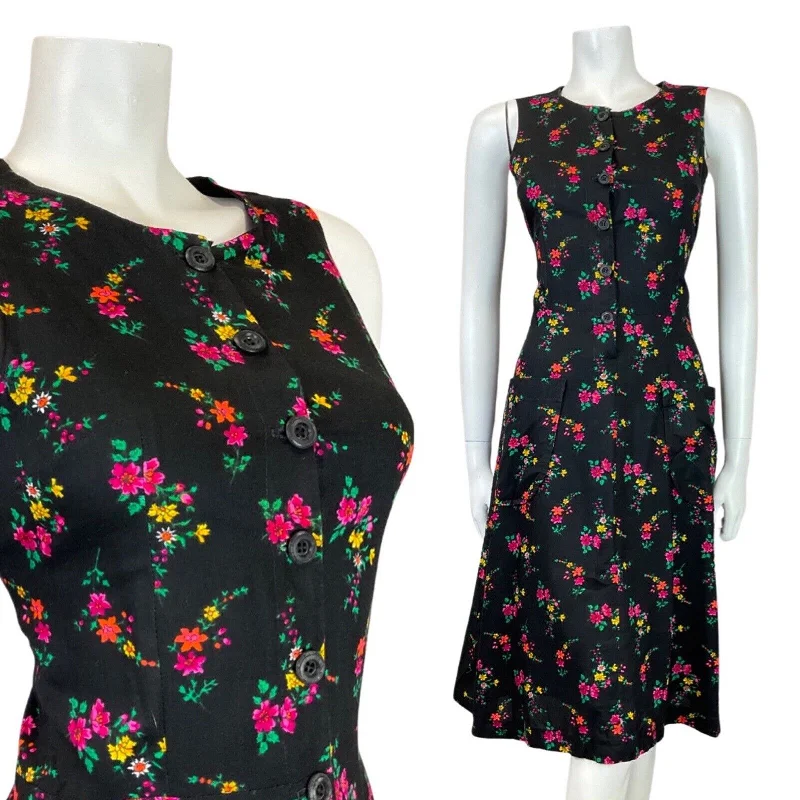 Take Advantage VINTAGE 60s 70s BLACK PINK GREEN DITSY FLORAL SLEEVELESS SUMMER DRESS 10 Take Advantage VINTAGE 60s 70s BLACK PINK GREEN DITSY FLORAL SLEEVELESS SUMMER DRESS 10