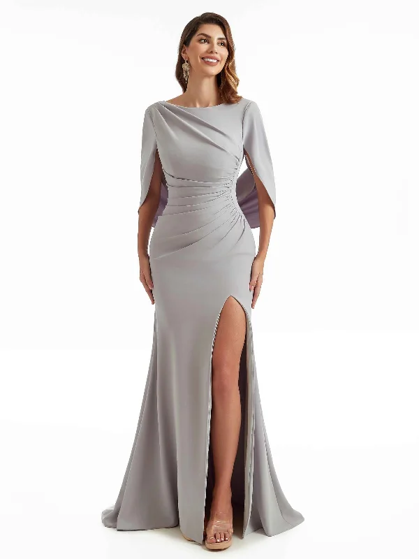 Deal Frenzy Sexy Side Split Bateau Stretch Crepe Mermaid Long Bridesmaid Dresses