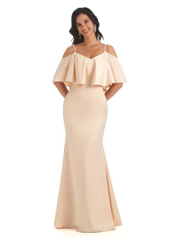 Big Discounts Elegant Soft Satin Cold Shoulder Floor-Length Long Unique Mermaid Bridesmaid Dresses