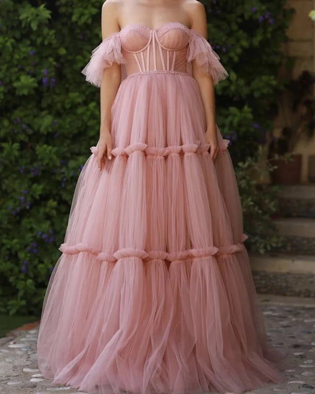 Reduced Prices Pink Tulle Layered Corset Prom Dress