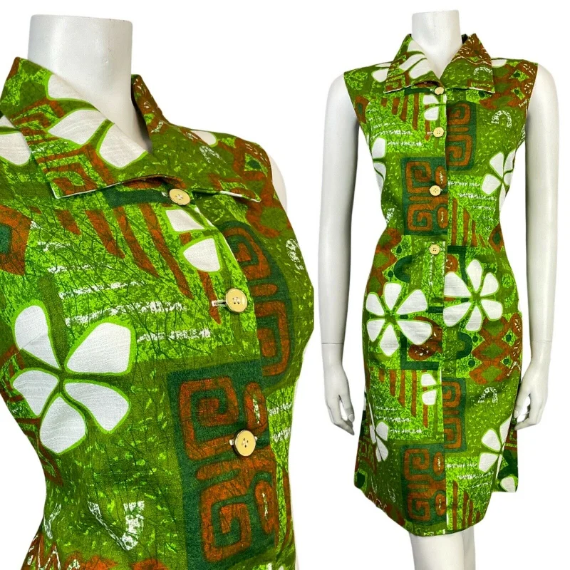 Savings Bonanza VINTAGE 60s 70s GREEN ORANGE WHITE HAWAIIAN FLORAL SLEEVELESS SHIFT DRESS 10 Savings Bonanza VINTAGE 60s 70s GREEN ORANGE WHITE HAWAIIAN FLORAL SLEEVELESS SHIFT DRESS 10